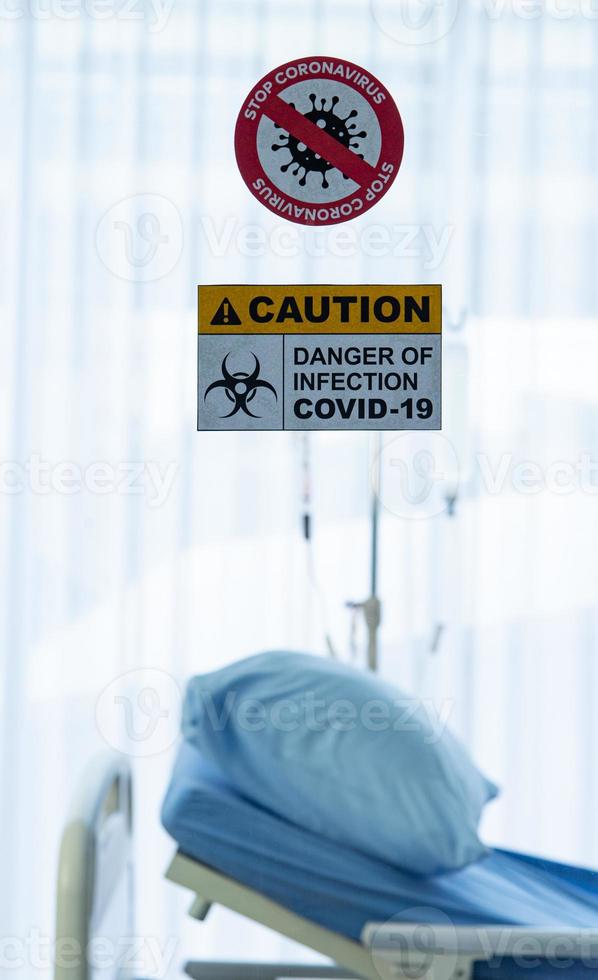 COVID-19, Corona Virus outbreak quarantine and epidemic spread healthcare concept. Caution and danger of infection COVID-19 coronavirus outbreak control sign at quarantine room in hospital photo