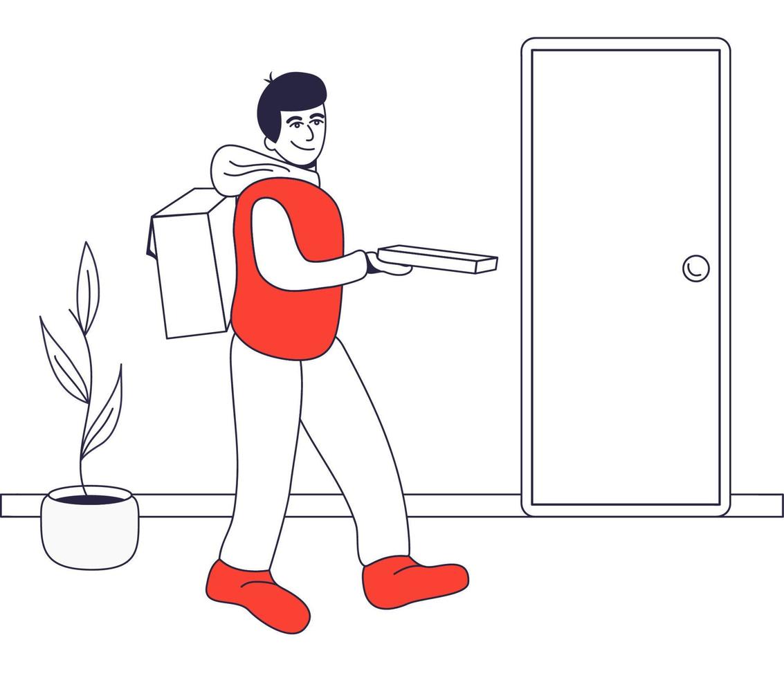 The guy brought pizza and gives it away. Deliveryman. Vector stock illustration. Flat style. Character. Takeaway service. Catering