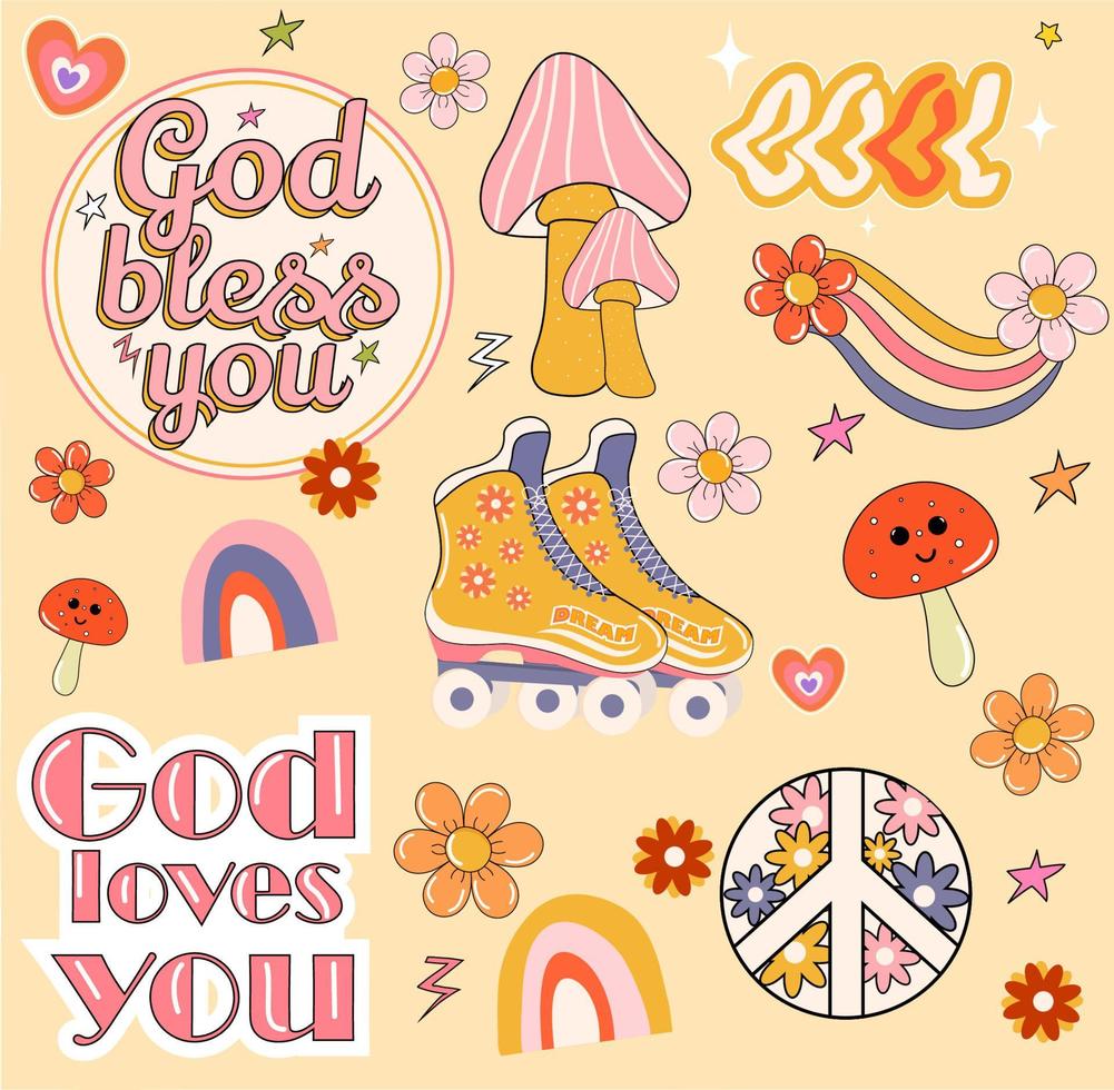 Set of icons in the style of the 70s. Vector stock illustration. Psychedelic pictures. Beige background. Hippie