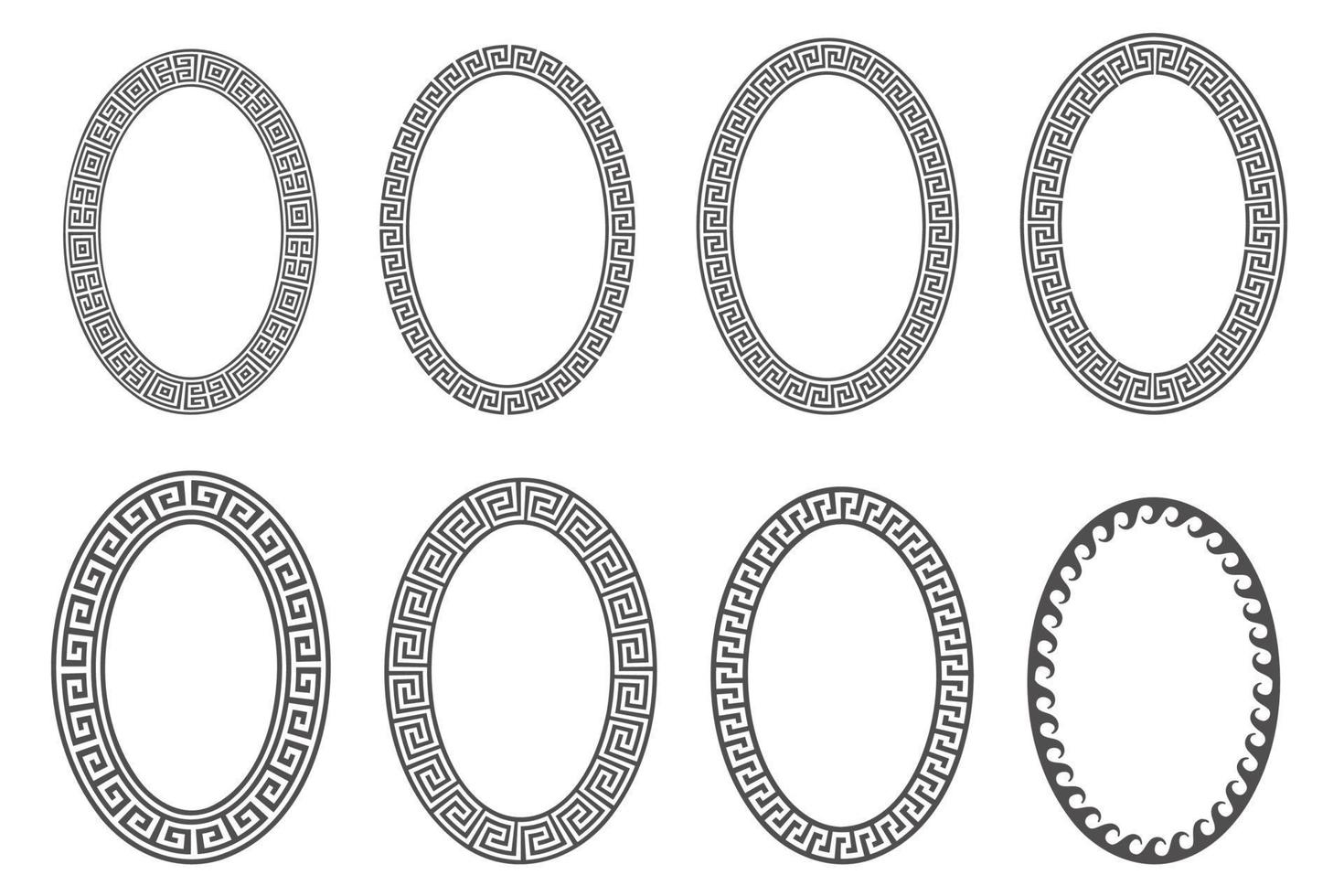 Greek key oval frame set. Circle borders with meander ornaments. Ellipse ancient designs. Vector