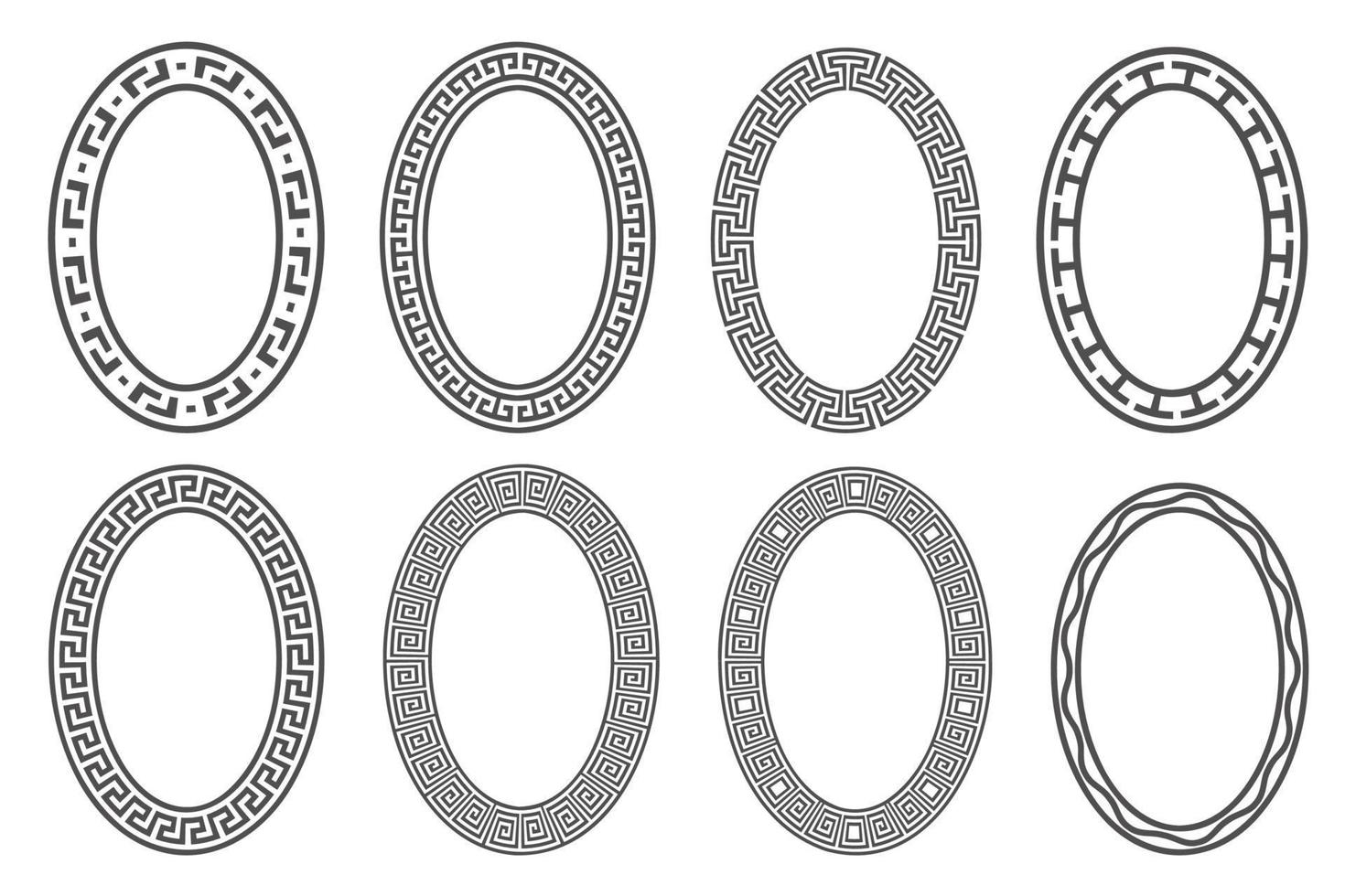 Greek key oval frame set. Circle borders with meander ornaments. Ellipse ancient designs. Vector