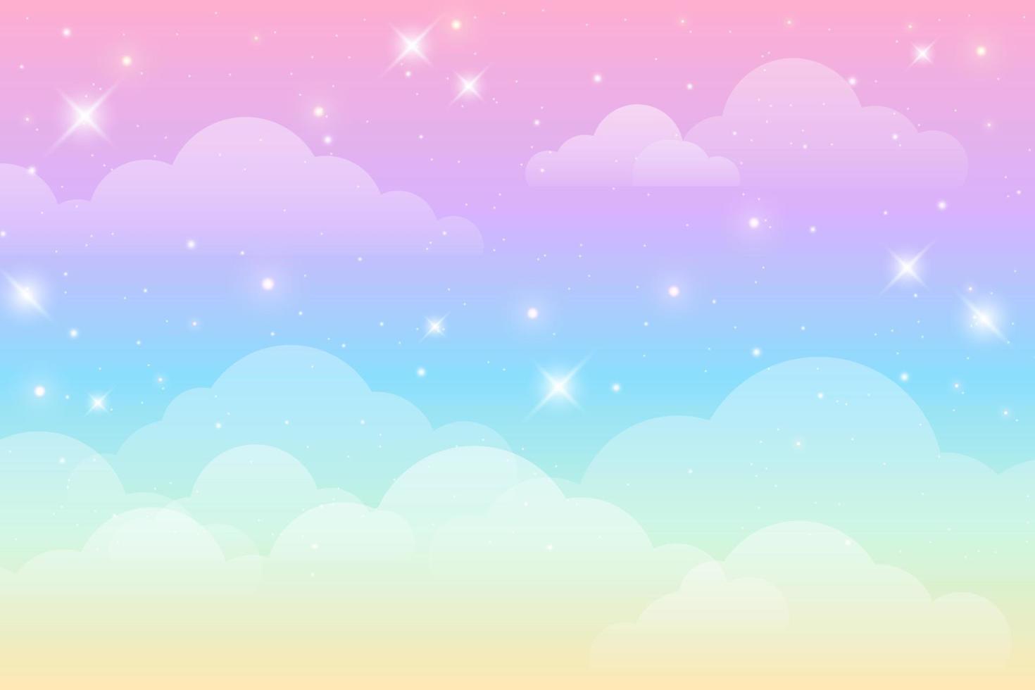 Rainbow unicorn background with clouds and stars. Pastel color sky. Magical landscape, abstract fabulous pattern. Cute candy wallpaper. Vector. vector