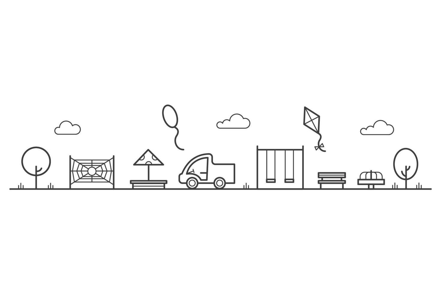 Children playground with swings, sandbox and bench in park. Entertainment in kids area. Outline city landscape. Vector