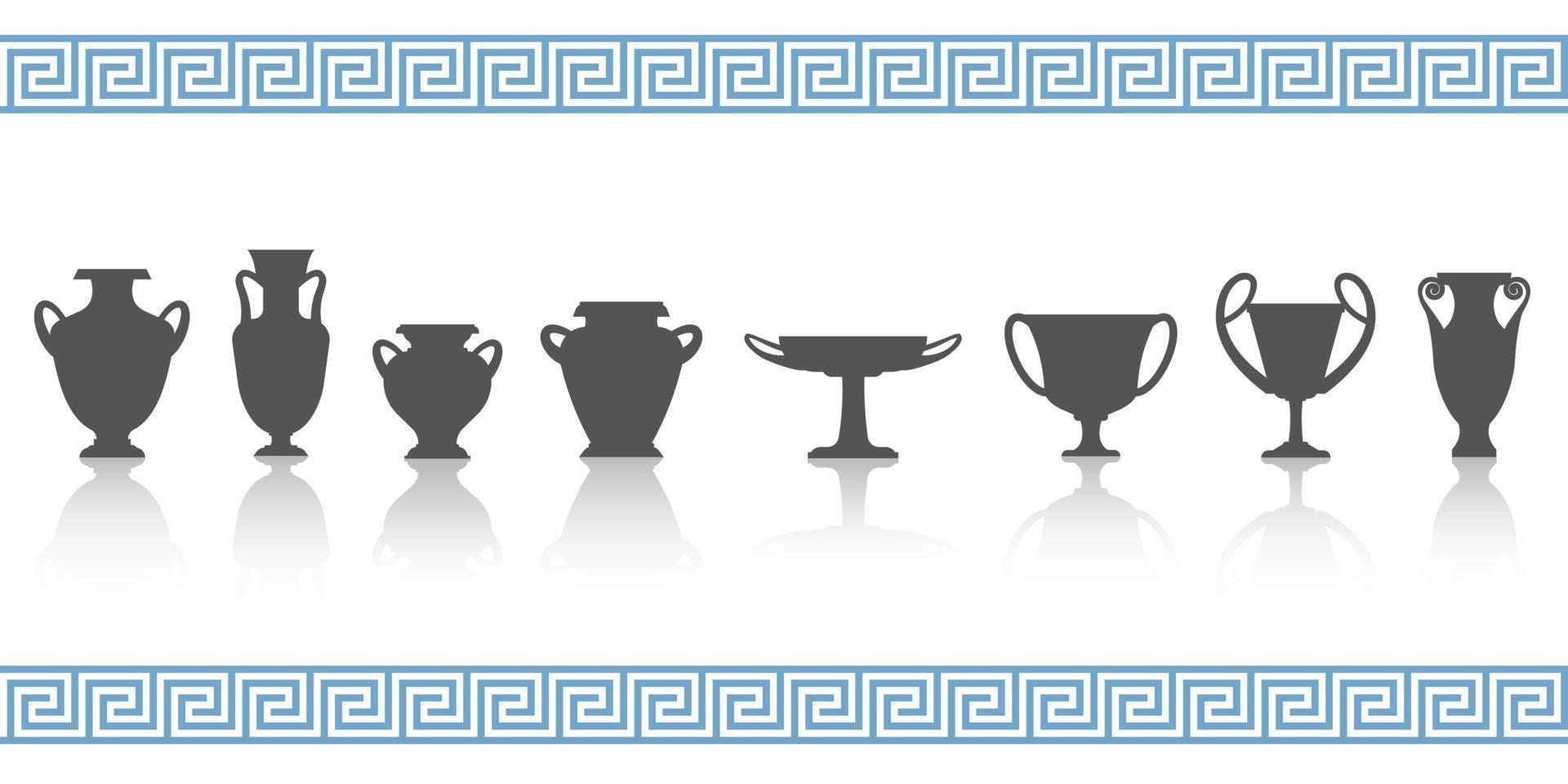 Greek vases silhouettes. Ancient amphoras and pots glyph illustration. Clay ceramic earthenware. Vector. vector