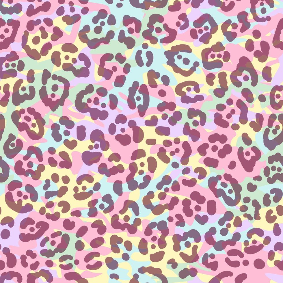 Neon leopard seamless pattern with camouflage backdrop. Rainbow-colored spotted background. Vector animal print.