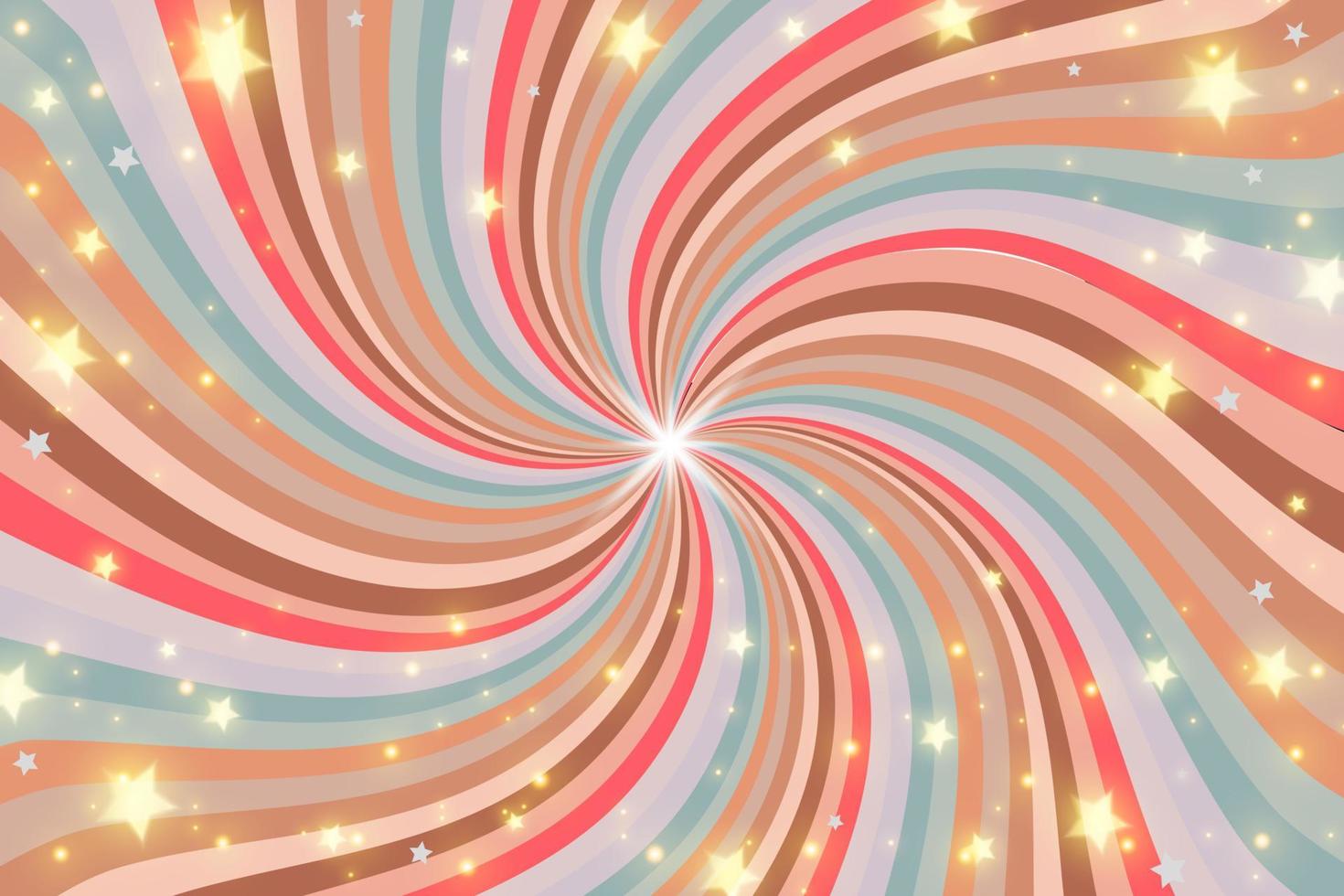 Rainbow swirl background with stars and sparkles. Radial pastel gradient of twisted spiral. Vector illustration.