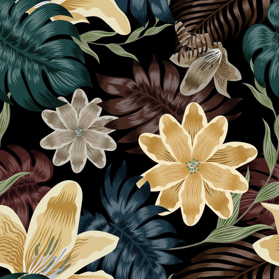 Seamless pattern flower and leaf on black background. Vector illustration.