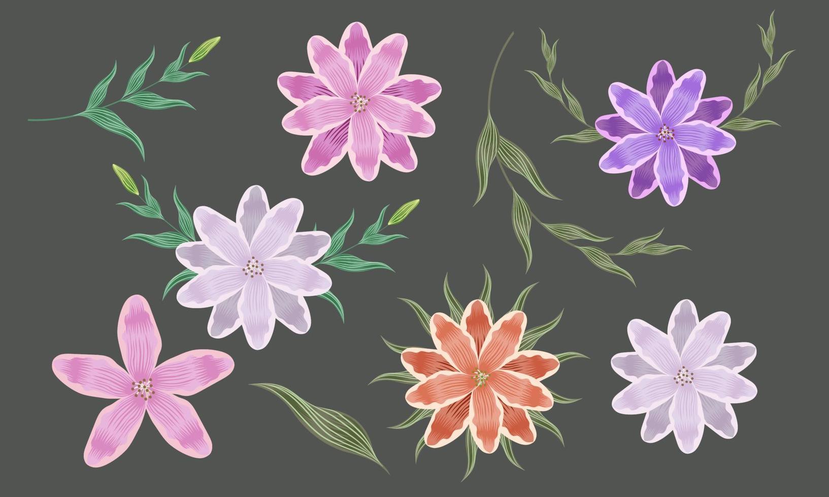 collection of flowers and leaves. Vector illustration.