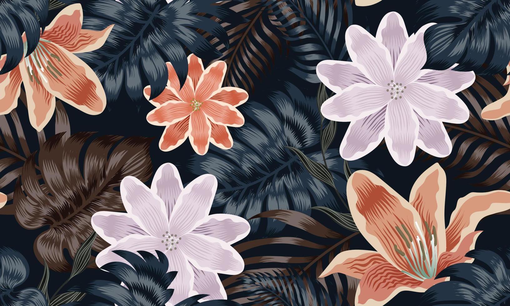Seamless pattern flower and leaf on black background. Vector illustration.