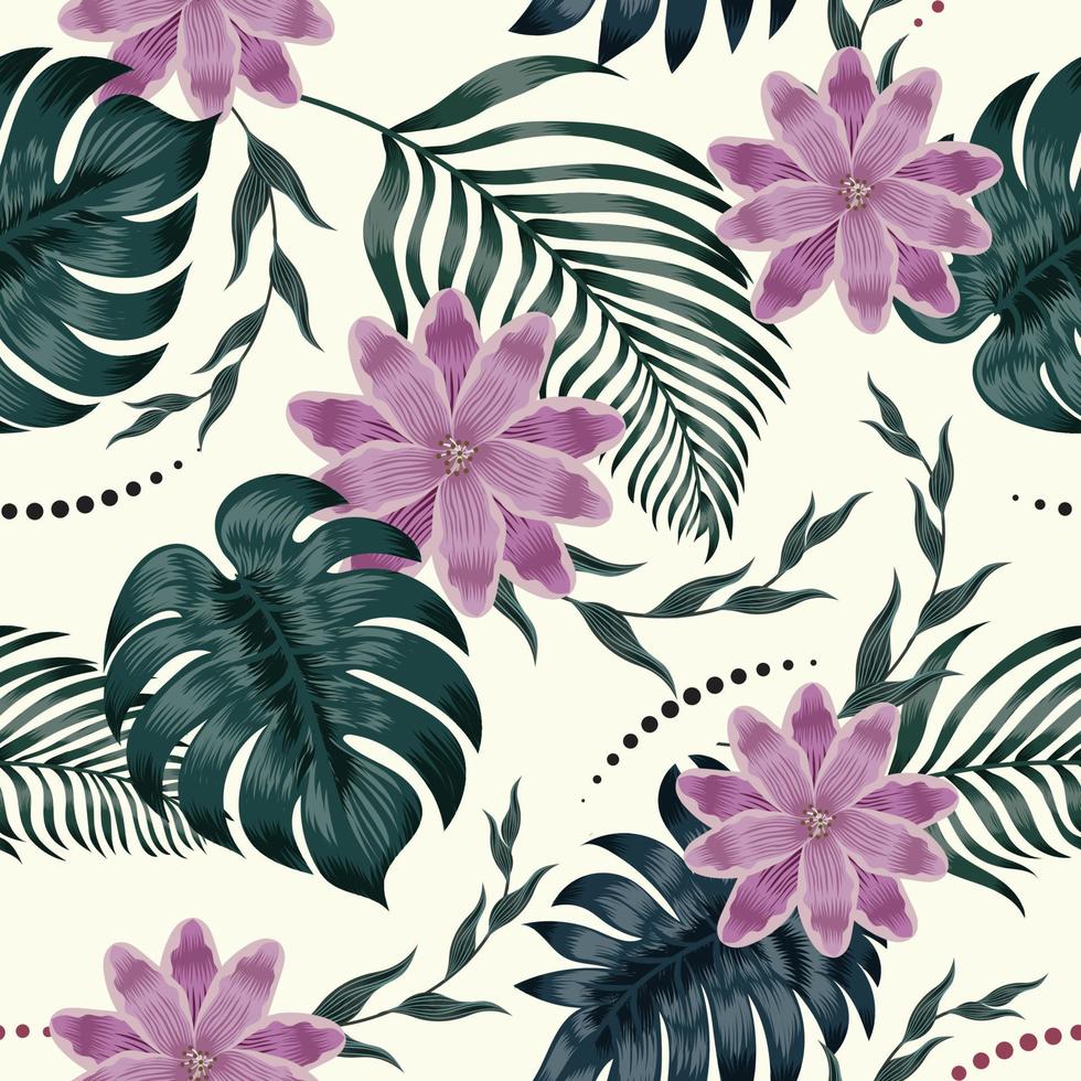 Seamless pattern flower and leaf on black background. Vector illustration.