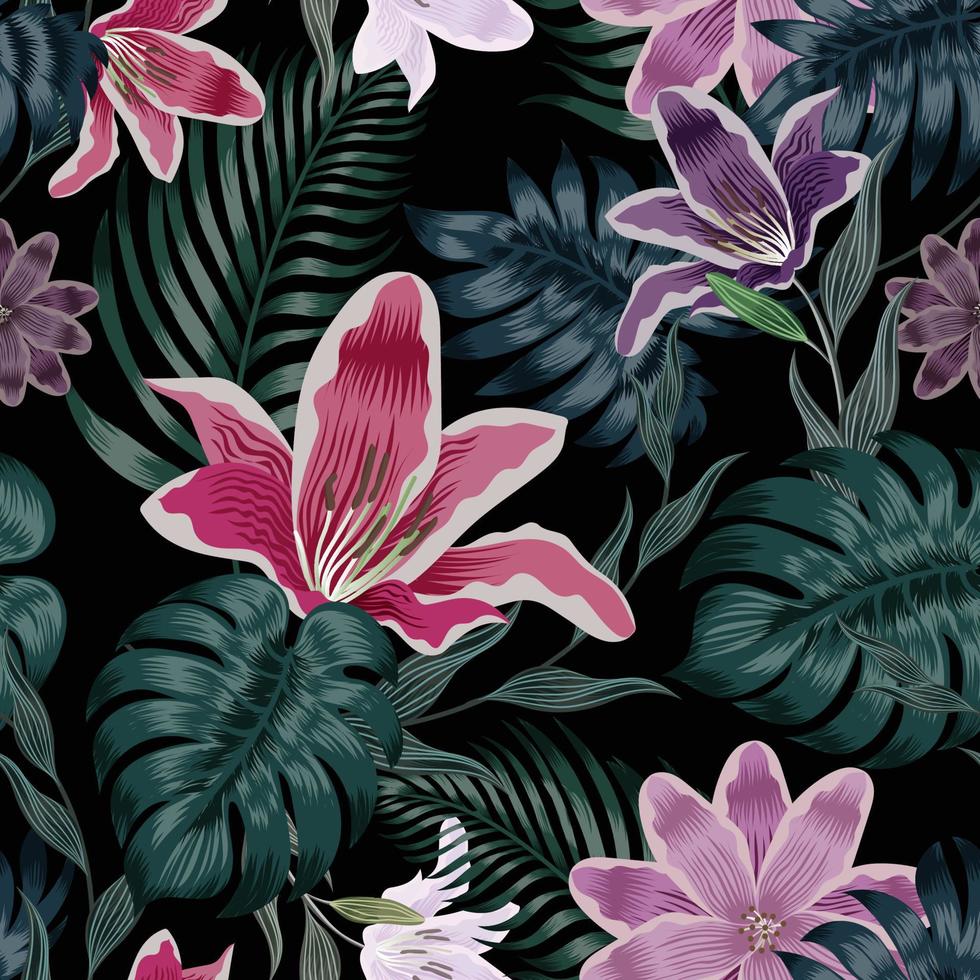 Seamless pattern flower and leaf on black background. Vector illustration.