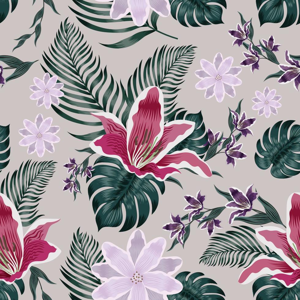 Seamless pattern flower and leaf on black background. Vector illustration.