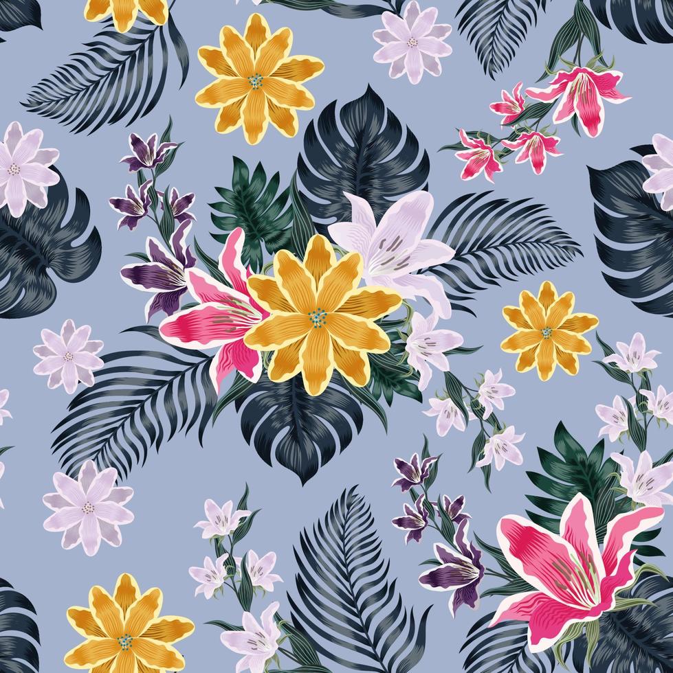 Seamless pattern flower and leaf on black background. Vector illustration.