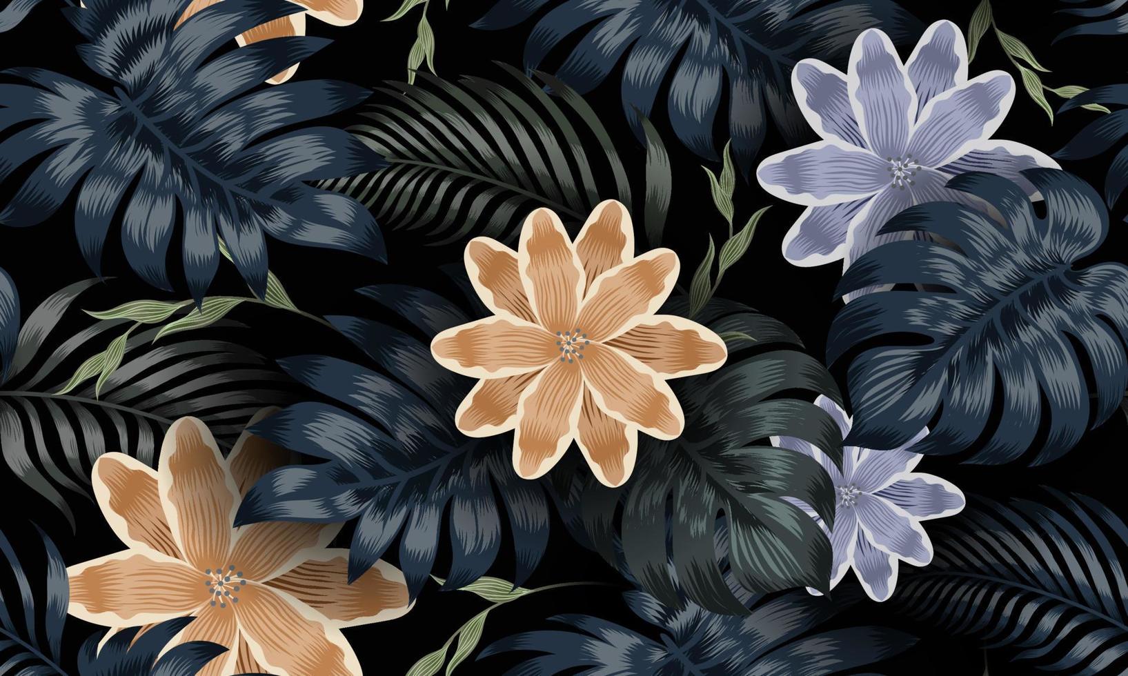 Seamless pattern flower and leaf on black background. Vector illustration.