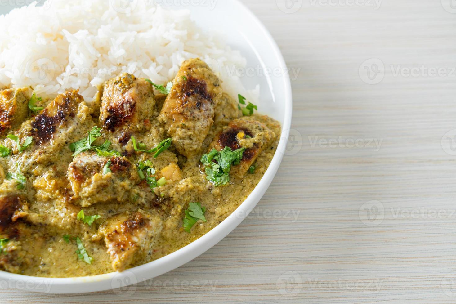 Afghani chicken in green curry or Hariyali tikka chicken hara masala with rice photo