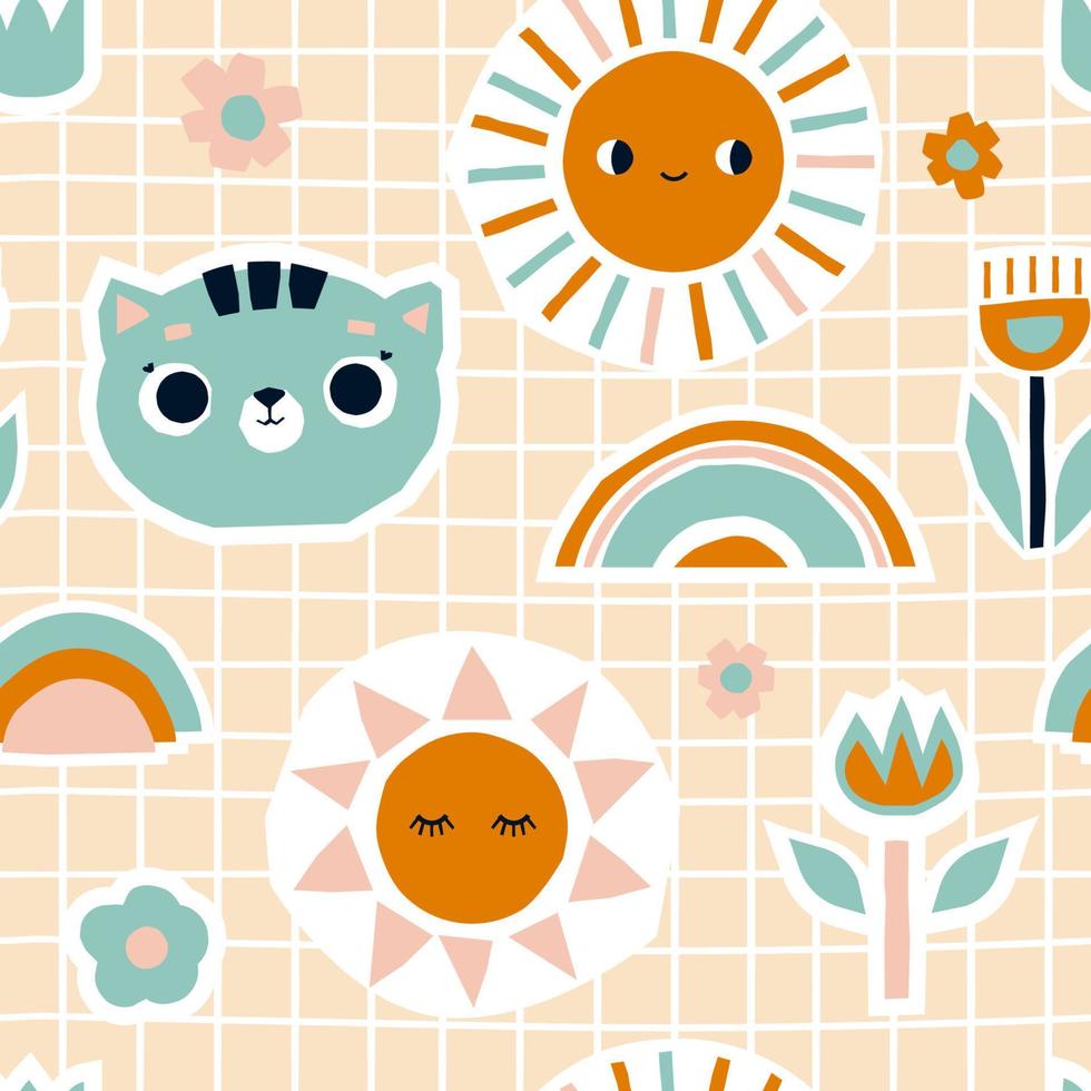 lindo patrón sin costuras para niños. fondo vectorial con un gato, flores y el sol. vector