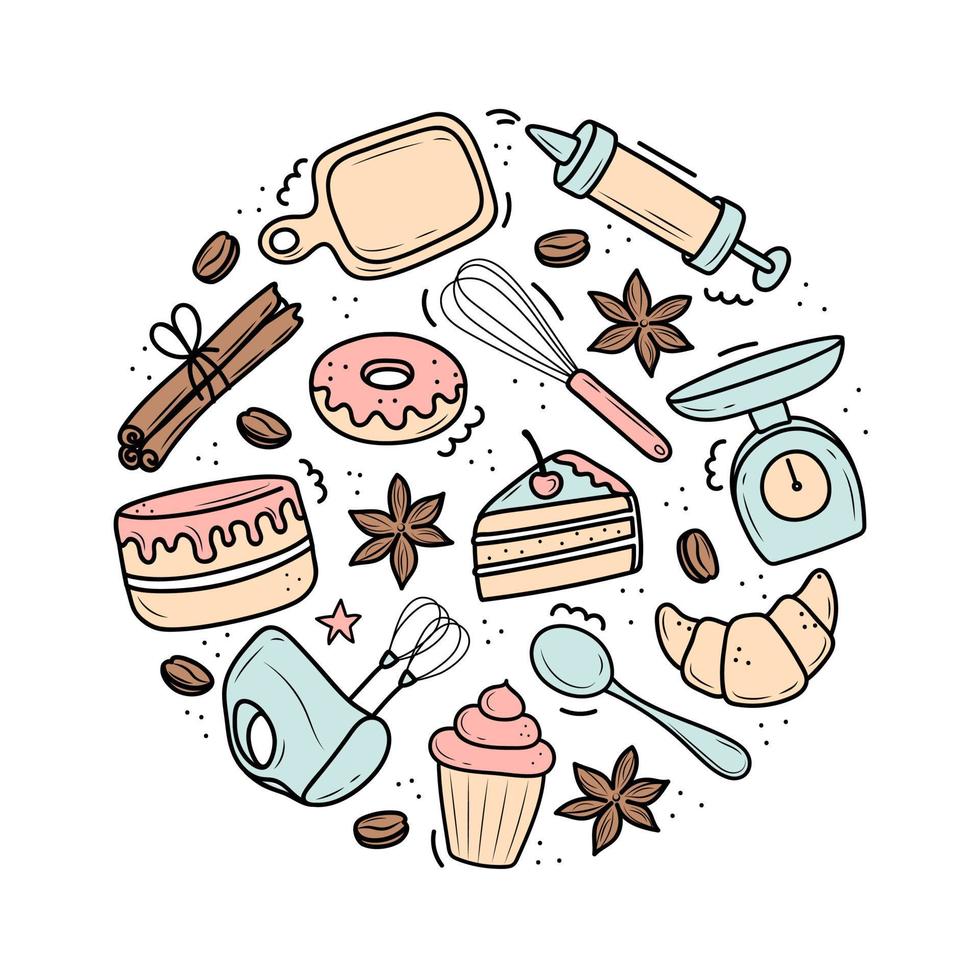 Hand-drawn set of elements for baking. Doodle style. vector