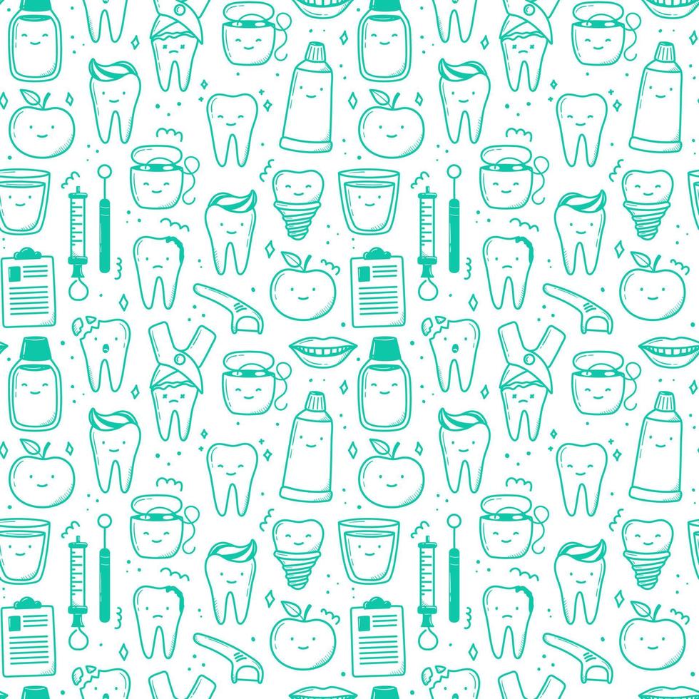 patrón de dientes kawaii dibujado a mano en estilo garabato. lindas ilustraciones lineales simples. vector