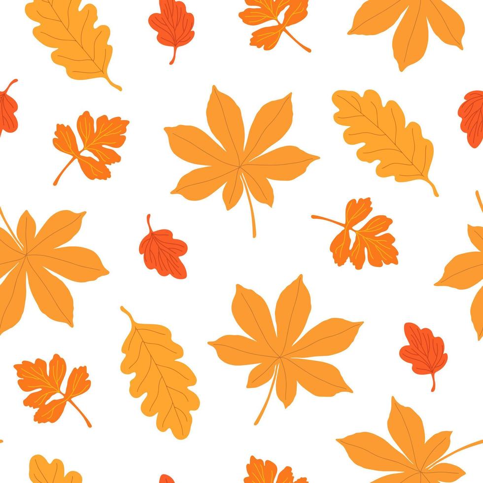 Autumn leaves seamless pattern, simple vector minimalist concept flat style illustration, orange hand drawn natural floral ornament for invitations, textile, gift paper, autumn holiday decor