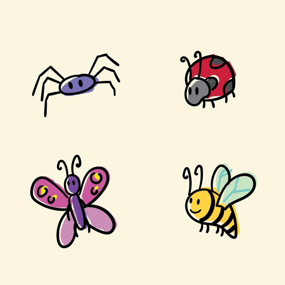 Spider, Ladybug, butterlfy, and Bee Cute illustration pack vector