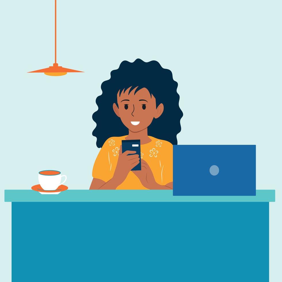 mujer afroamericana sosteniendo un teléfono, llamada o mensaje en sus manos. oficina work.vector ilustración plana. vector