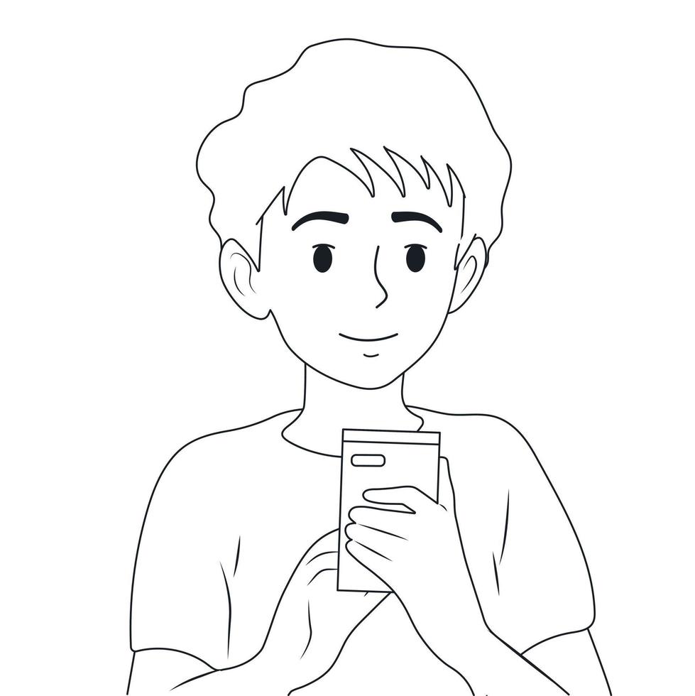 Black and white boy holding a phone, a call or a message in his hands. Vector flat illustration.