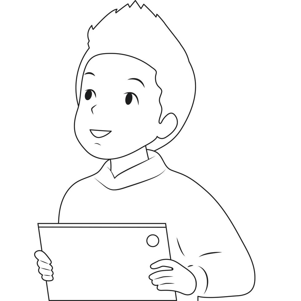 Black and white Schoolboy boy is engaged on the tablet. Vector flat illustration.