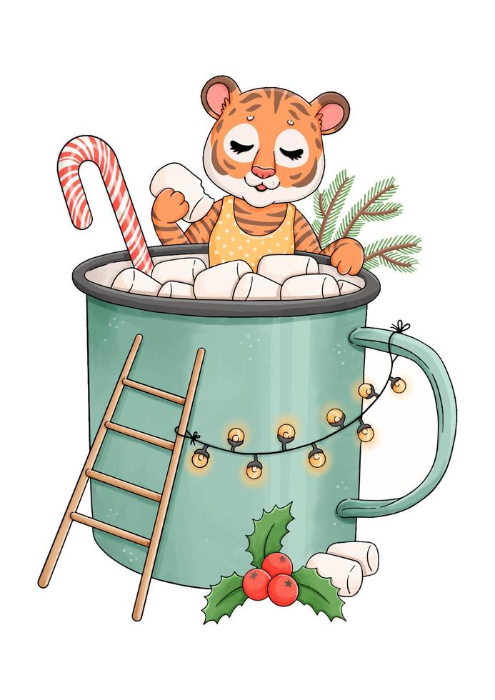 New year cute mother tiger in cup with marshmallows vector illustration