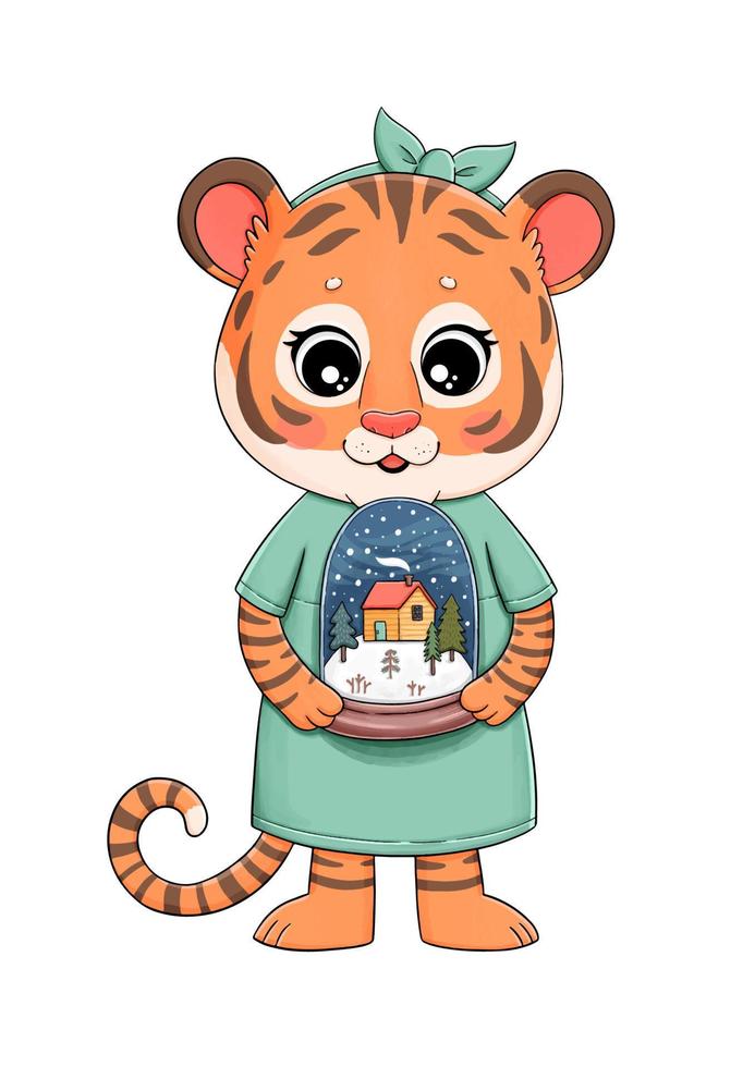 New year cute baby girl tiger with snowball vector illustration