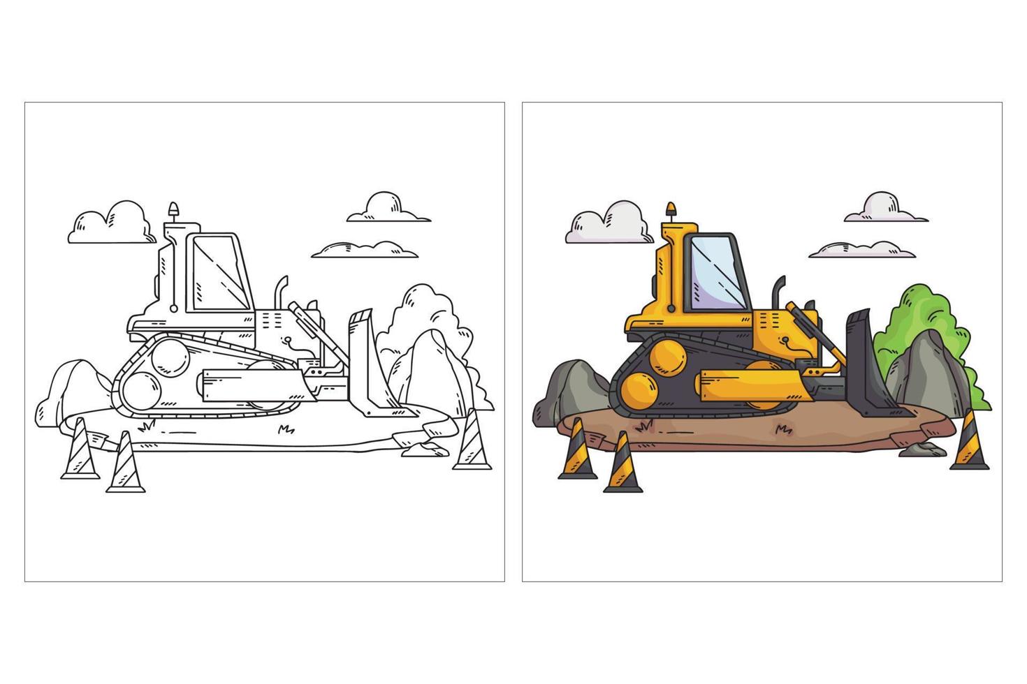 vehículo de construcción lindo dibujado a mano para colorear página bulldozer vector