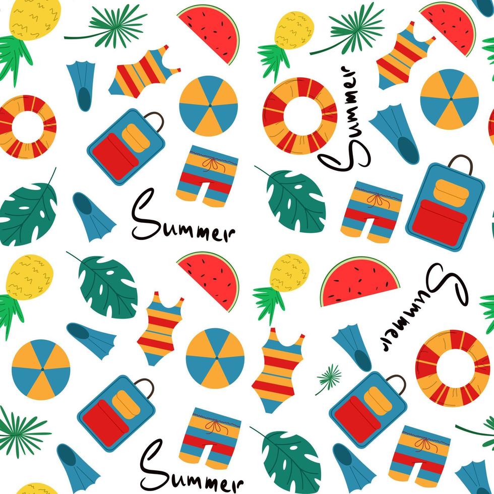 Vector colorful fun summer seamless pattern with tropical leaves, lettering, suitcase, beach and summer accessories on a white background in a flat style.