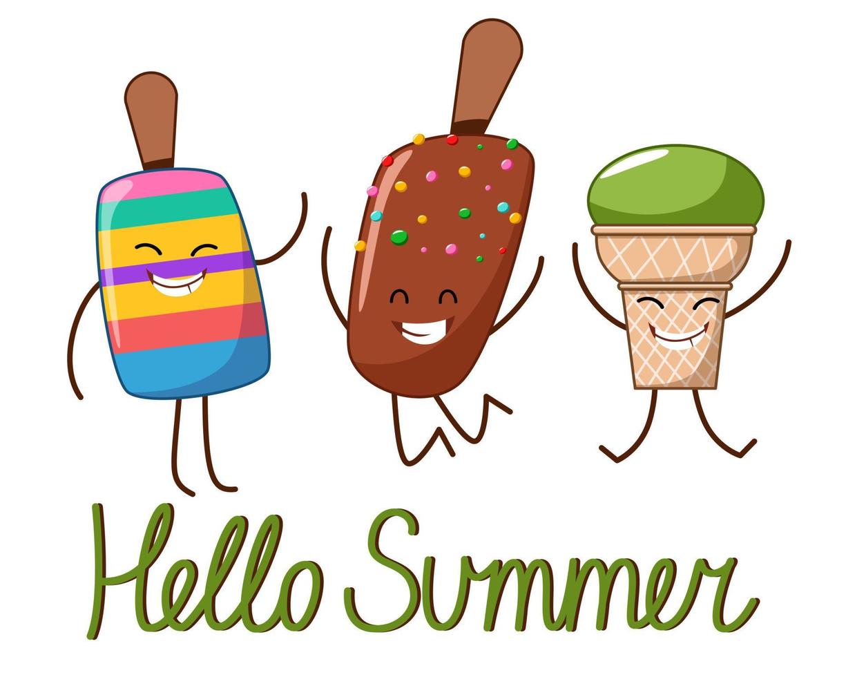 A postcard with the characters of a cheerful ice cream with the inscription hello summer. vector