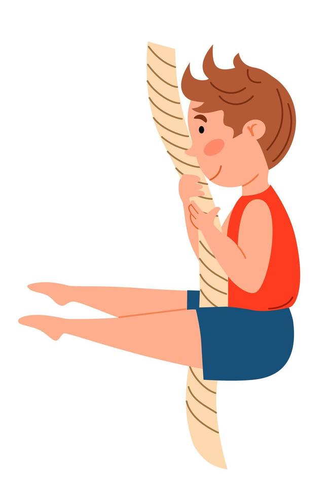 Childrenes sports gymnastics. The boy climbs up the rope. vector