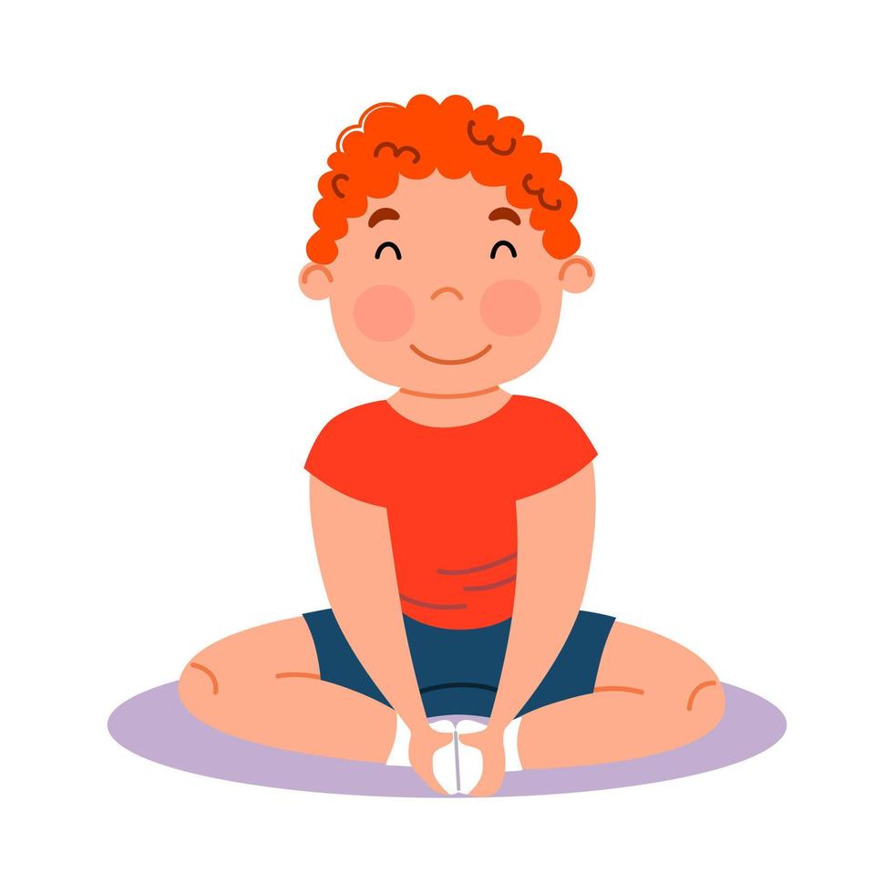 gimnasia deportiva infantil. el niño está sentado en posición de loto. Ejercicios para estirar los músculos de las piernas. vector
