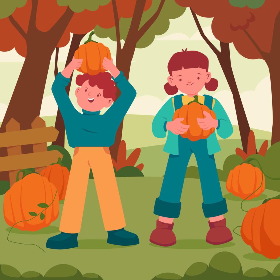 Boy and Girl Hunting Pumpkin vector