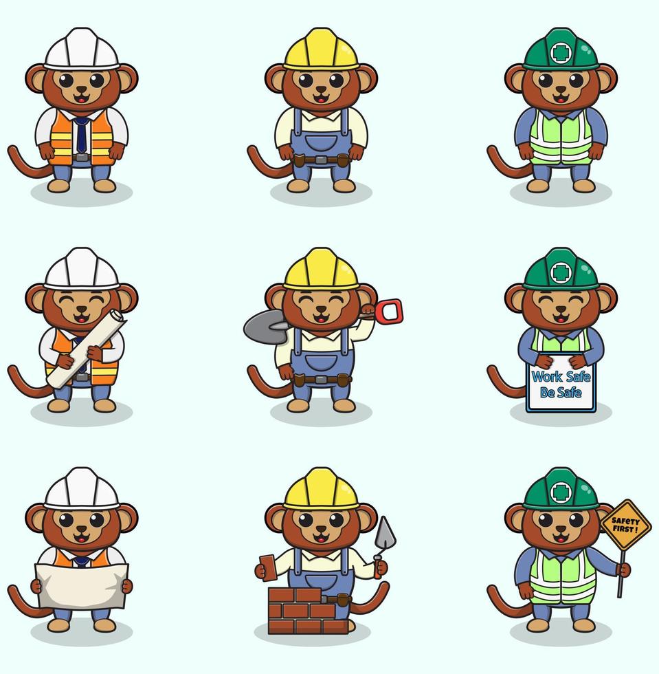 Vector illustration of Monkey worker, builder, laborer cartoon. Cute Monkey engineers workers, builders characters isolated cartoon illustration. Vector illustration on white background