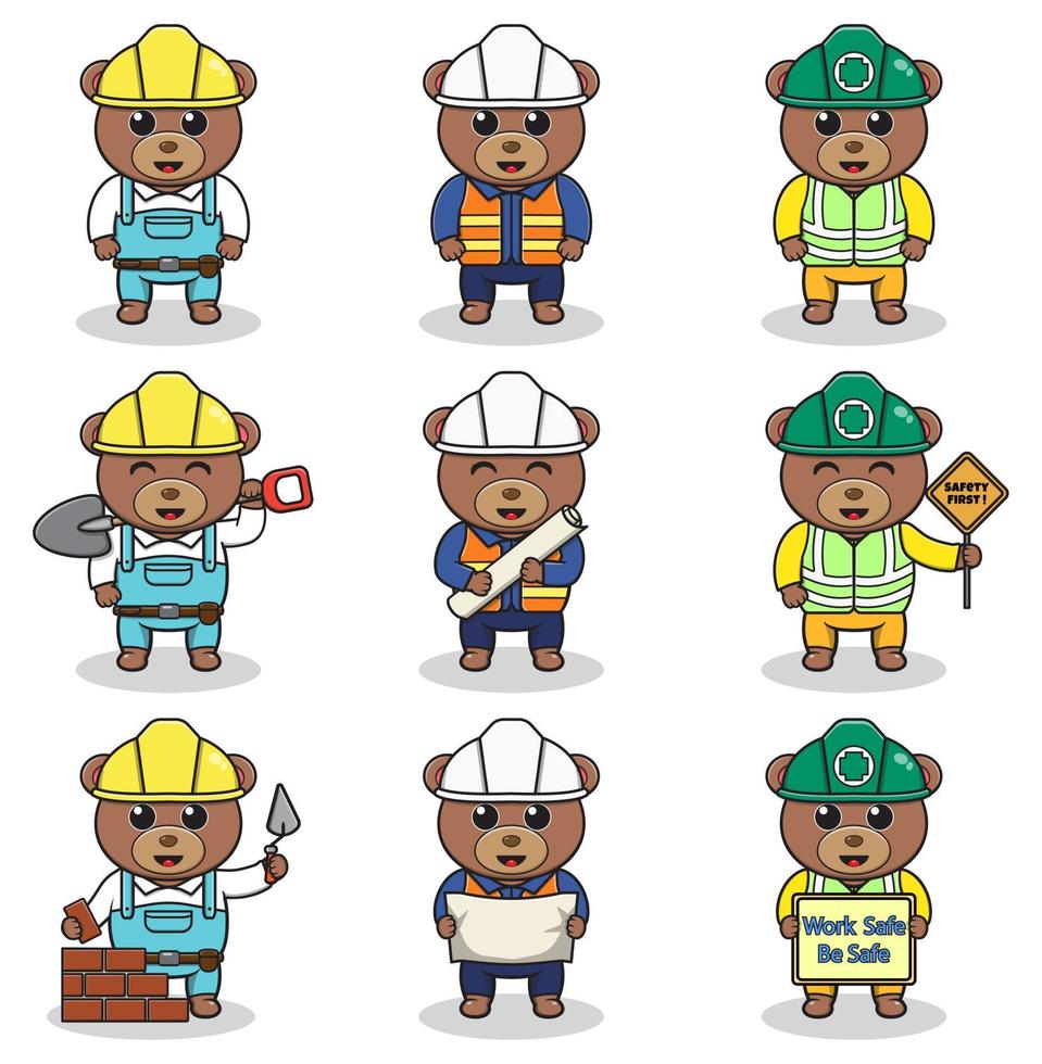 Vector illustration of Bear worker, builder, laborer cartoon. Cute Bear engineers workers, builders characters isolated cartoon illustration. Vector illustration on white background