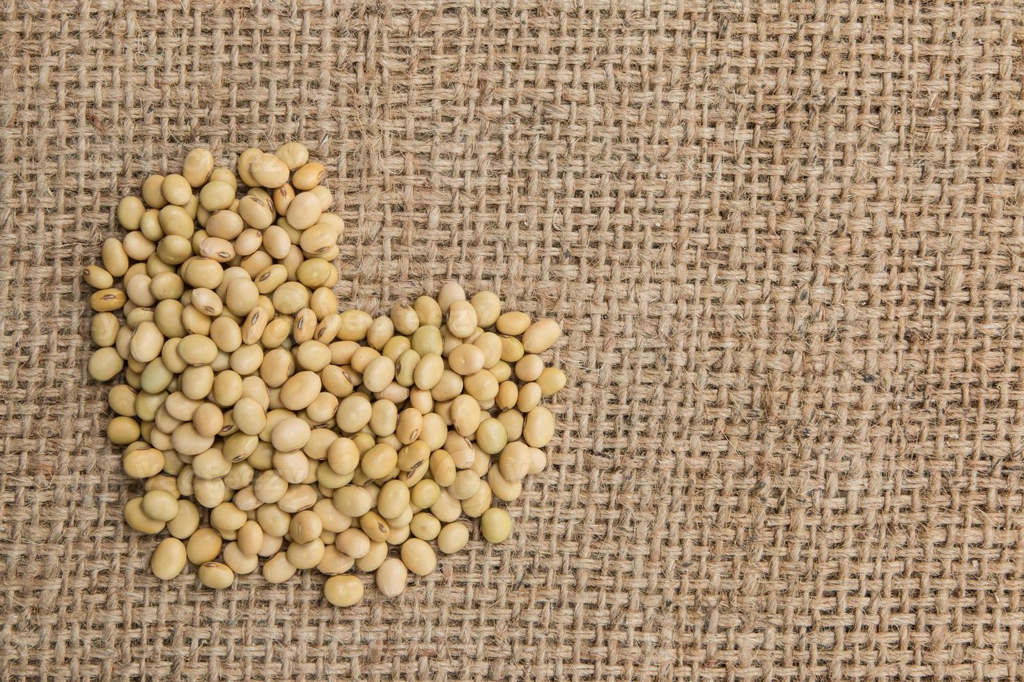 soy bean in heart shape on sack background. photo