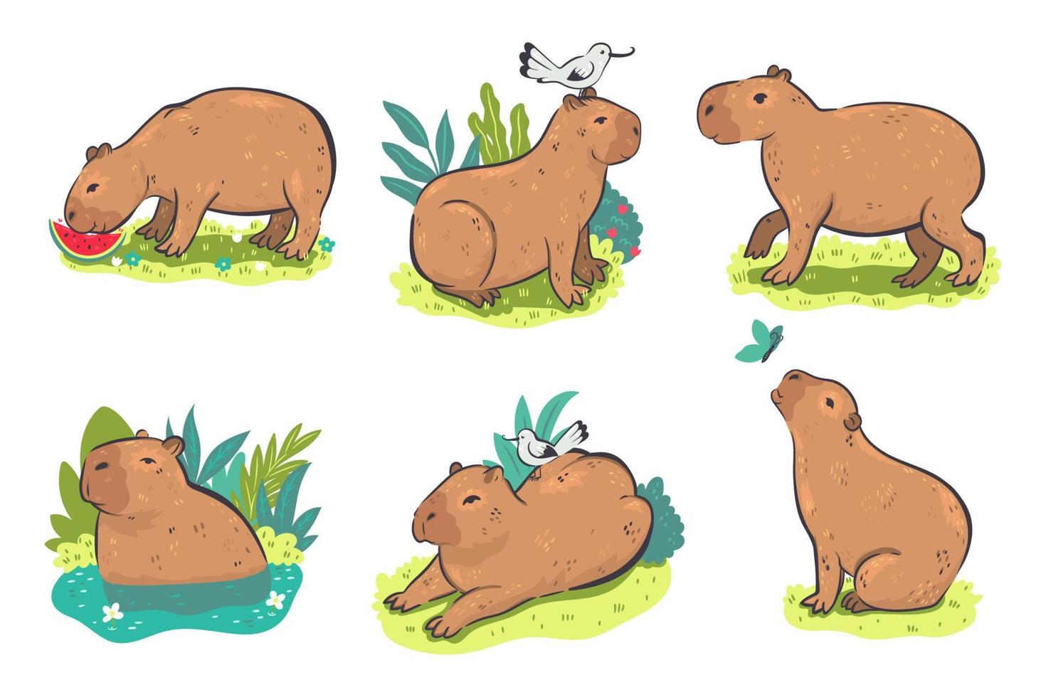 Set of stickers, badge with cute cartoon capybaras. Yellow background.  Vector illustration. 20248901 Vector Art at Vecteezy