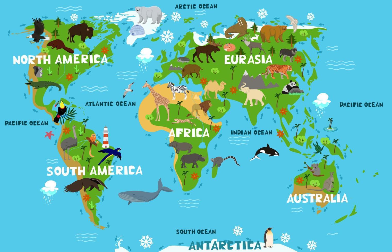 Children's world map with the names of continents and oceans. Animals on the mainland. Vector graphics.