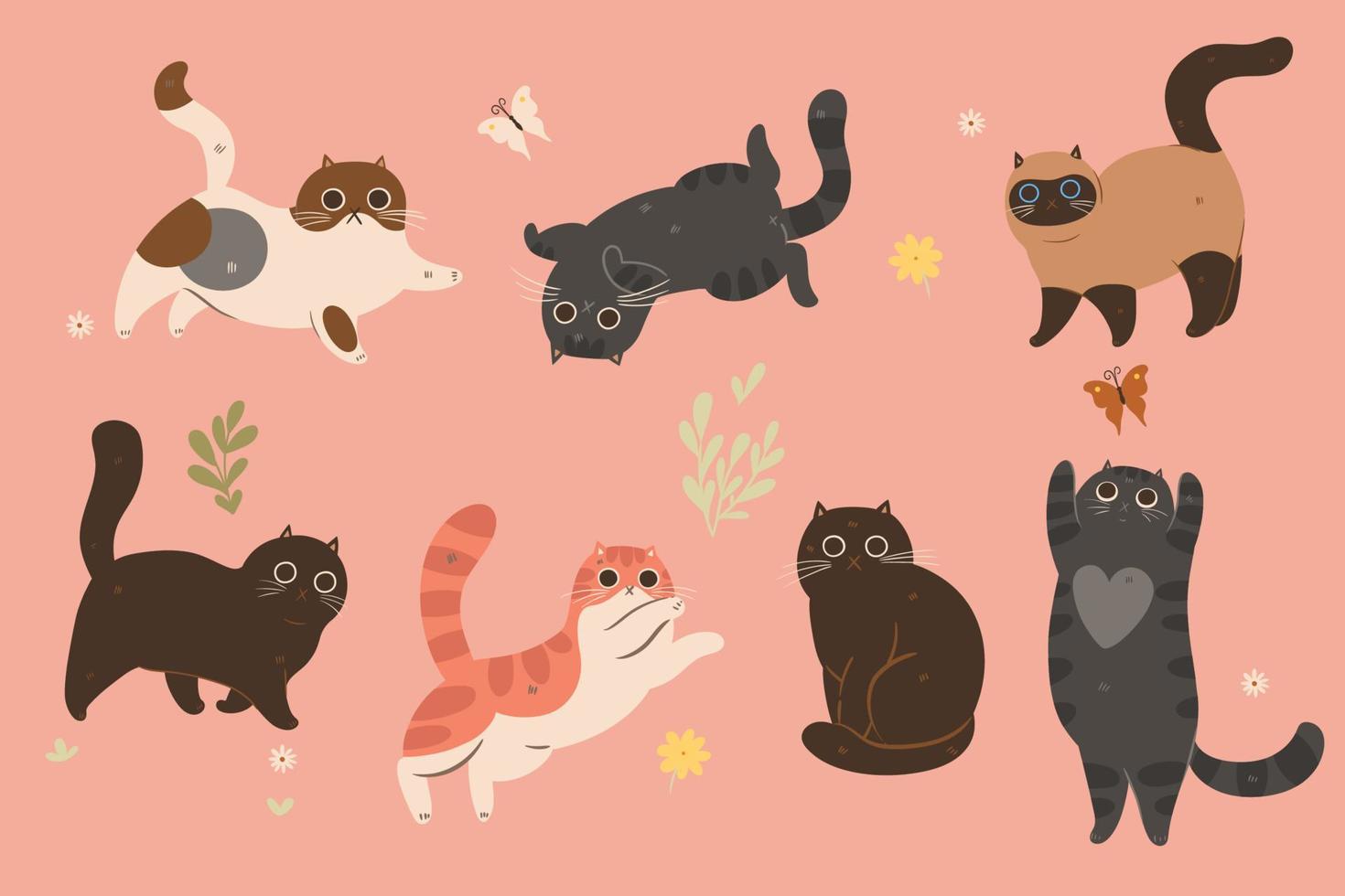A set of cute cats in different colors. Vector graphics.