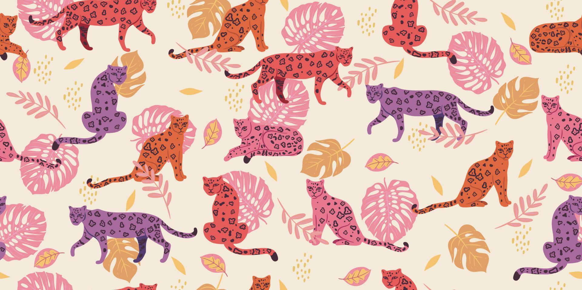 Seamless pattern with tropical leaves and leopards. Vector graphics