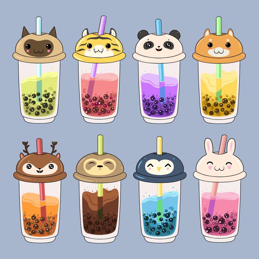 Set of kawaii bubble tea with animal faces. Vector graphics.