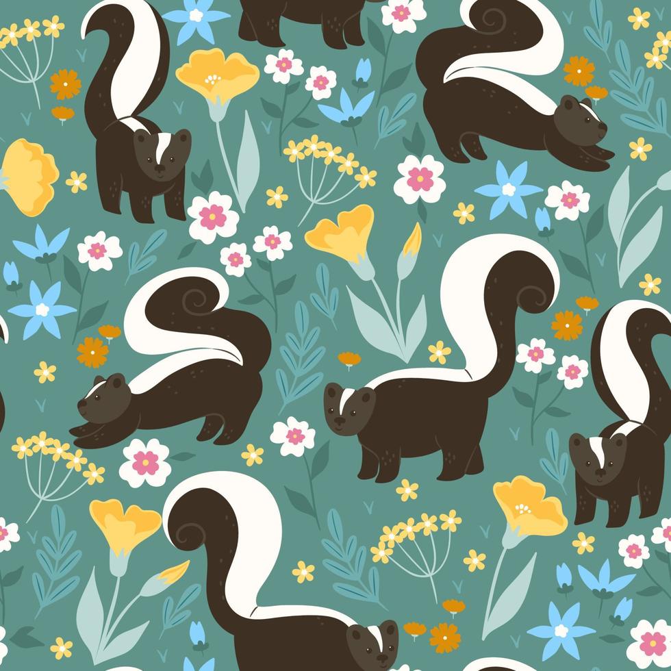 Seamless pattern with cute skunks and flowers. Vector graphics.