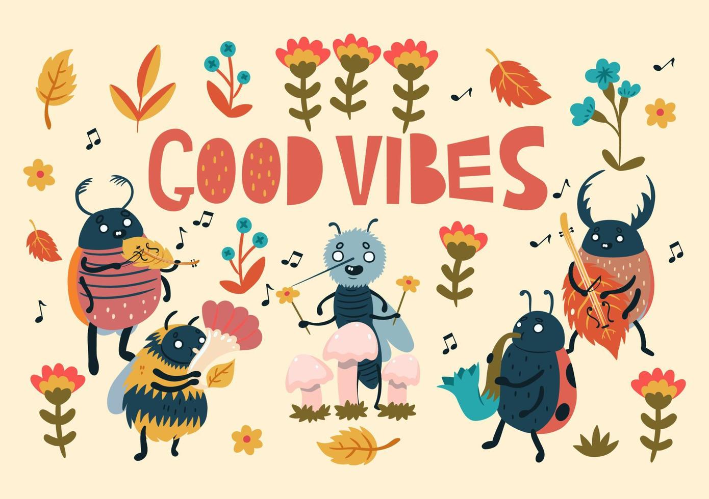 Postcard with cute insects and an inscription good vibes. Vector graphics.