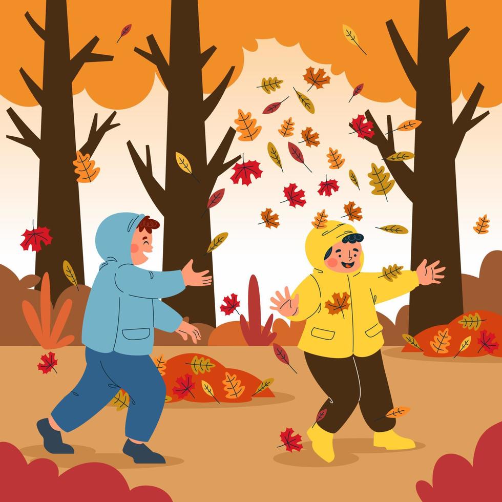 Boys Playing with the Fallen Leaves vector