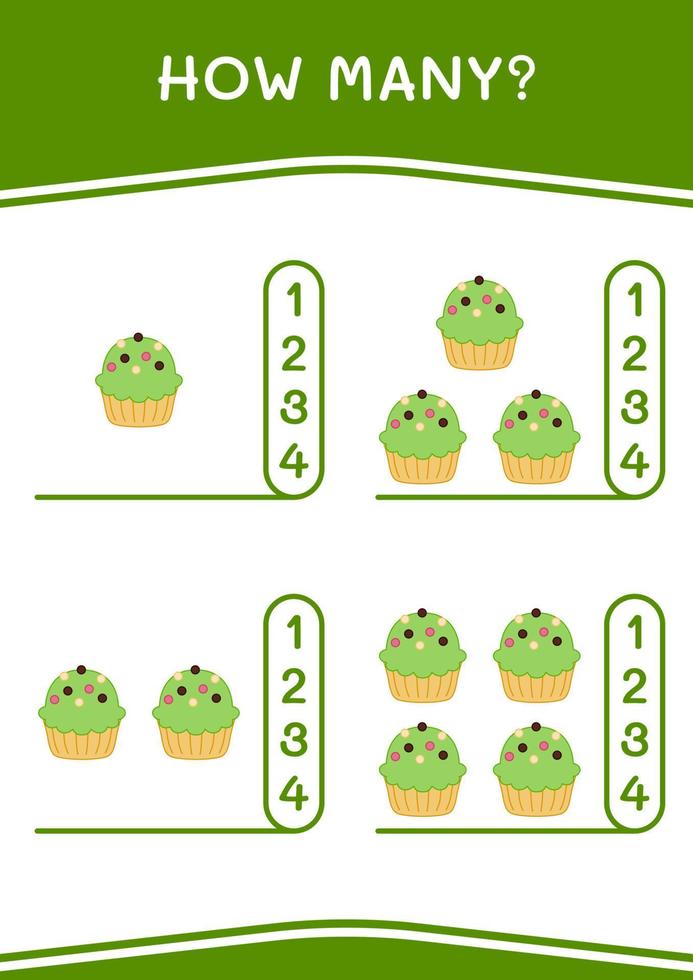 cuantos de cupcake, juego para niños. ilustración vectorial, hoja de cálculo imprimible vector