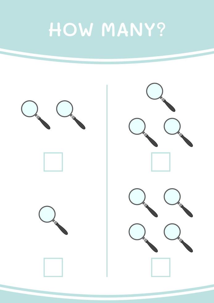How many of Magnifying glass, game for children. Vector illustration, printable worksheet