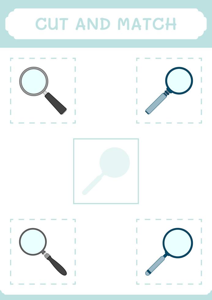 Cut and match parts of Magnifying glass, game for children. Vector illustration, printable worksheet