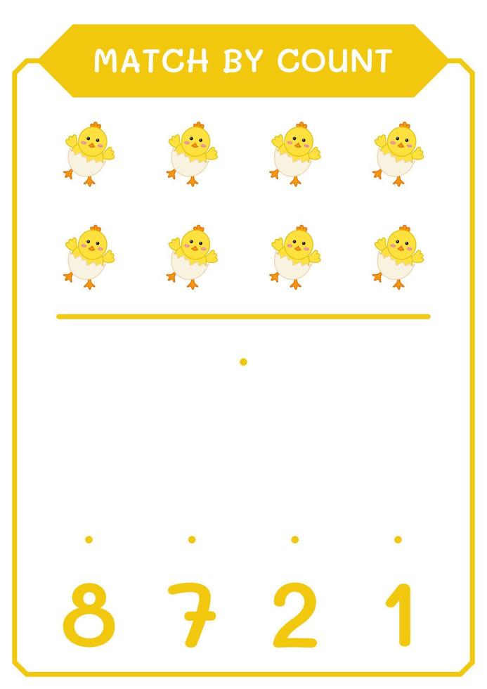 Match by count of Chick, game for children. Vector illustration, printable worksheet